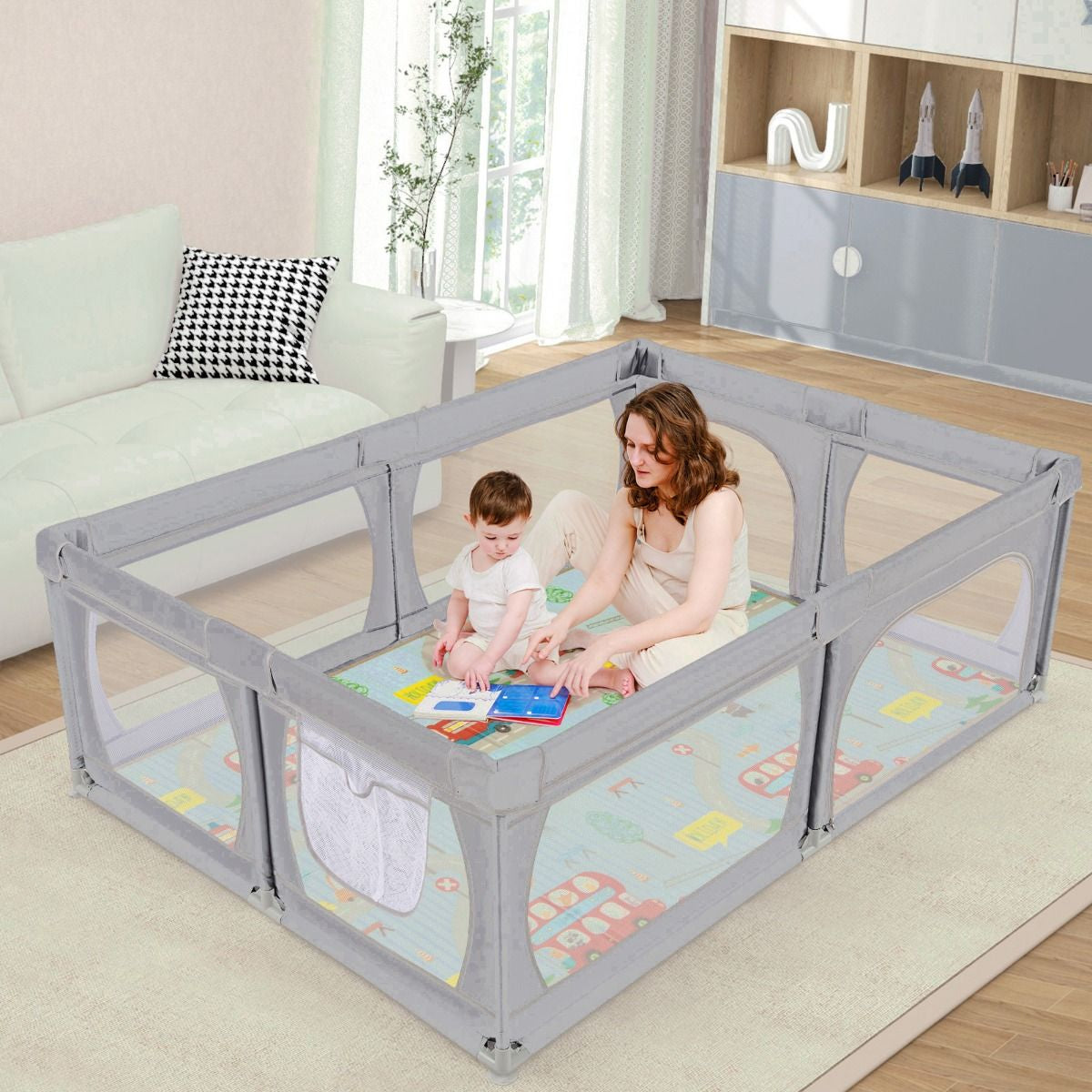 Baby Playpen with Mat and 4 Pull Rings