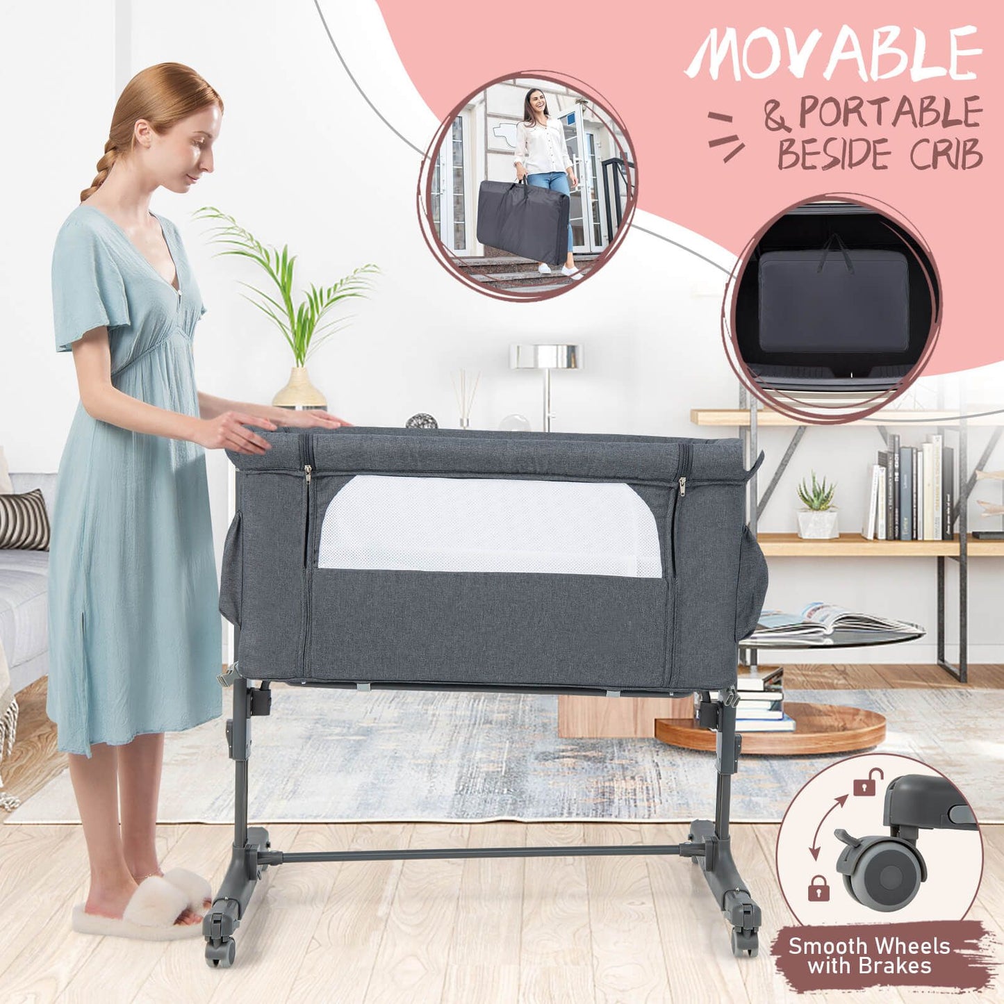 3-In-1 Adjustable Baby Bedside Bassinet with Mattress