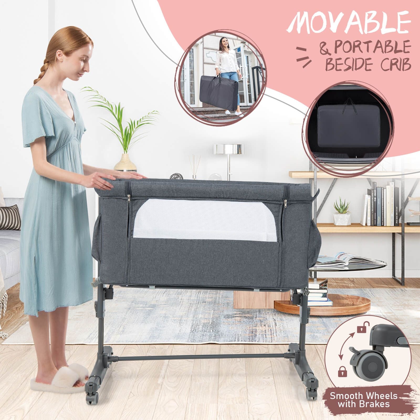 3-In-1 Adjustable Baby Bedside Bassinet with Mattress