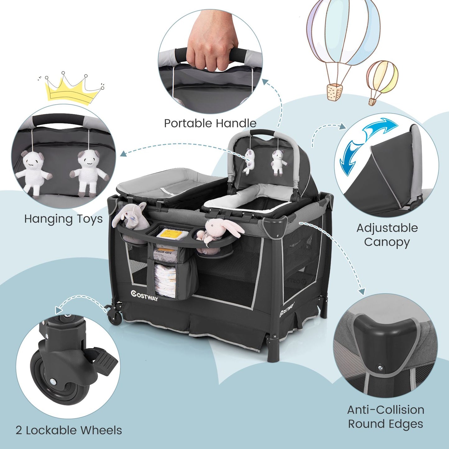 5-In-1 Foldable Pack and Play with Removable Bassinet