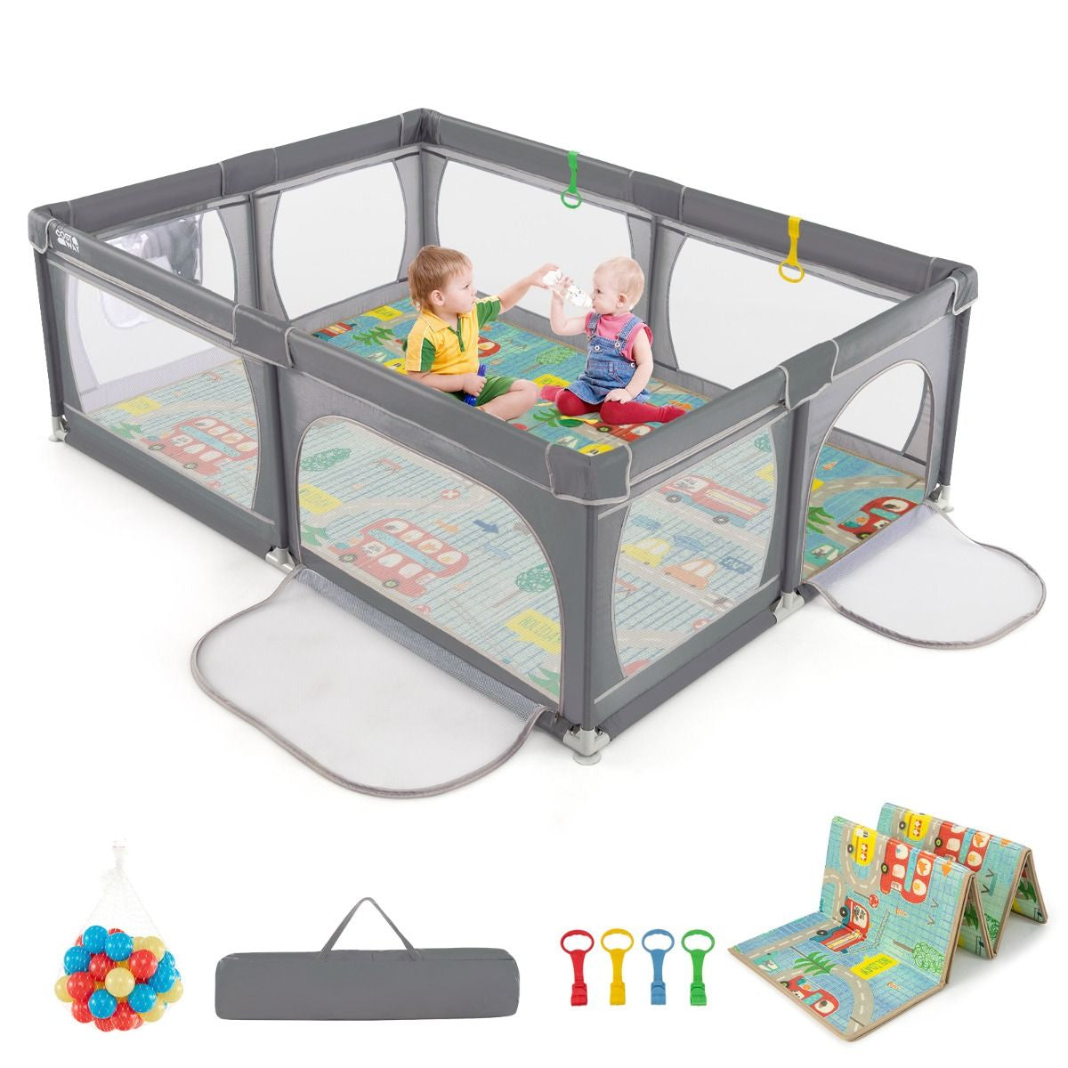 Baby Playpen with Mat and 4 Pull Rings