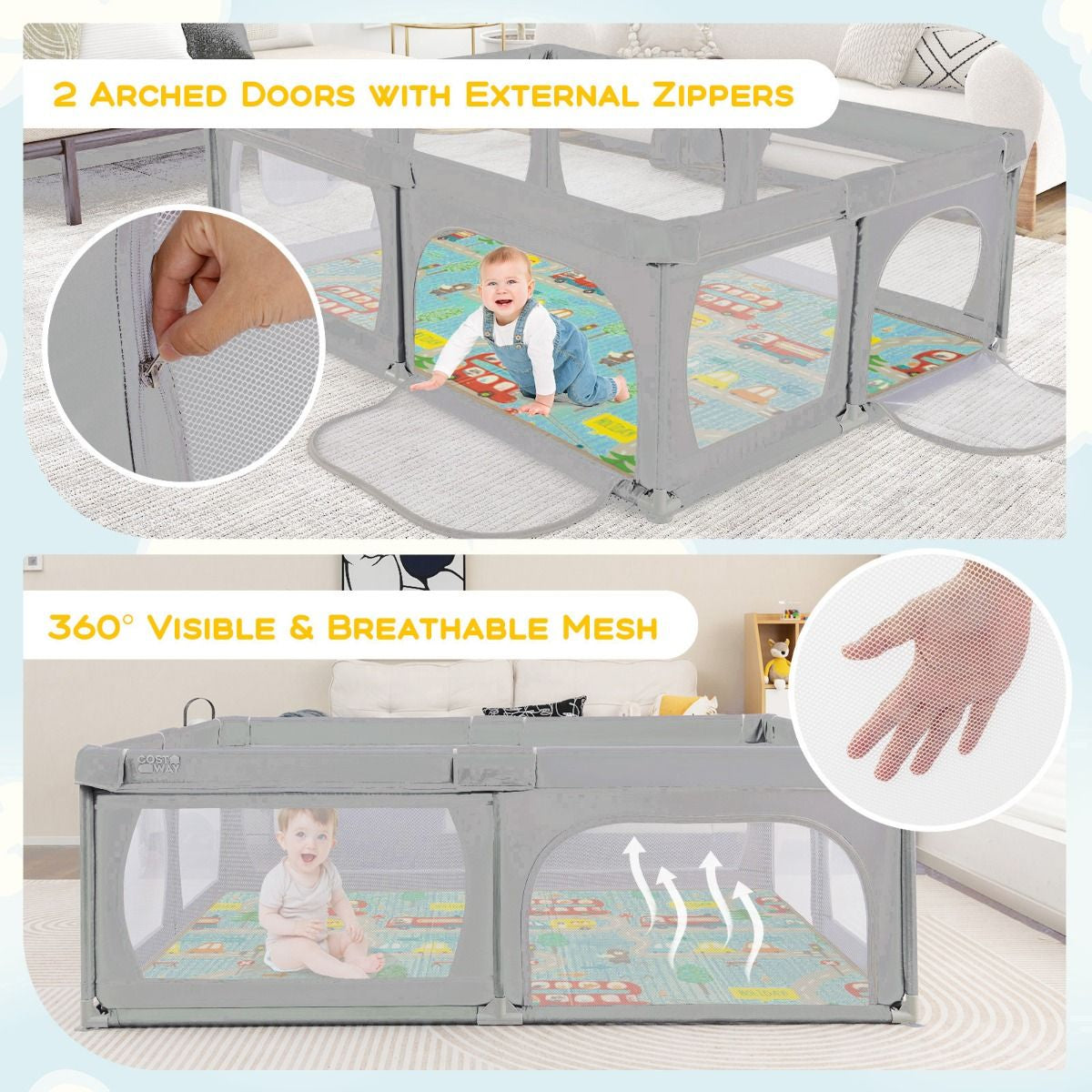 Baby Playpen with Mat and 4 Pull Rings