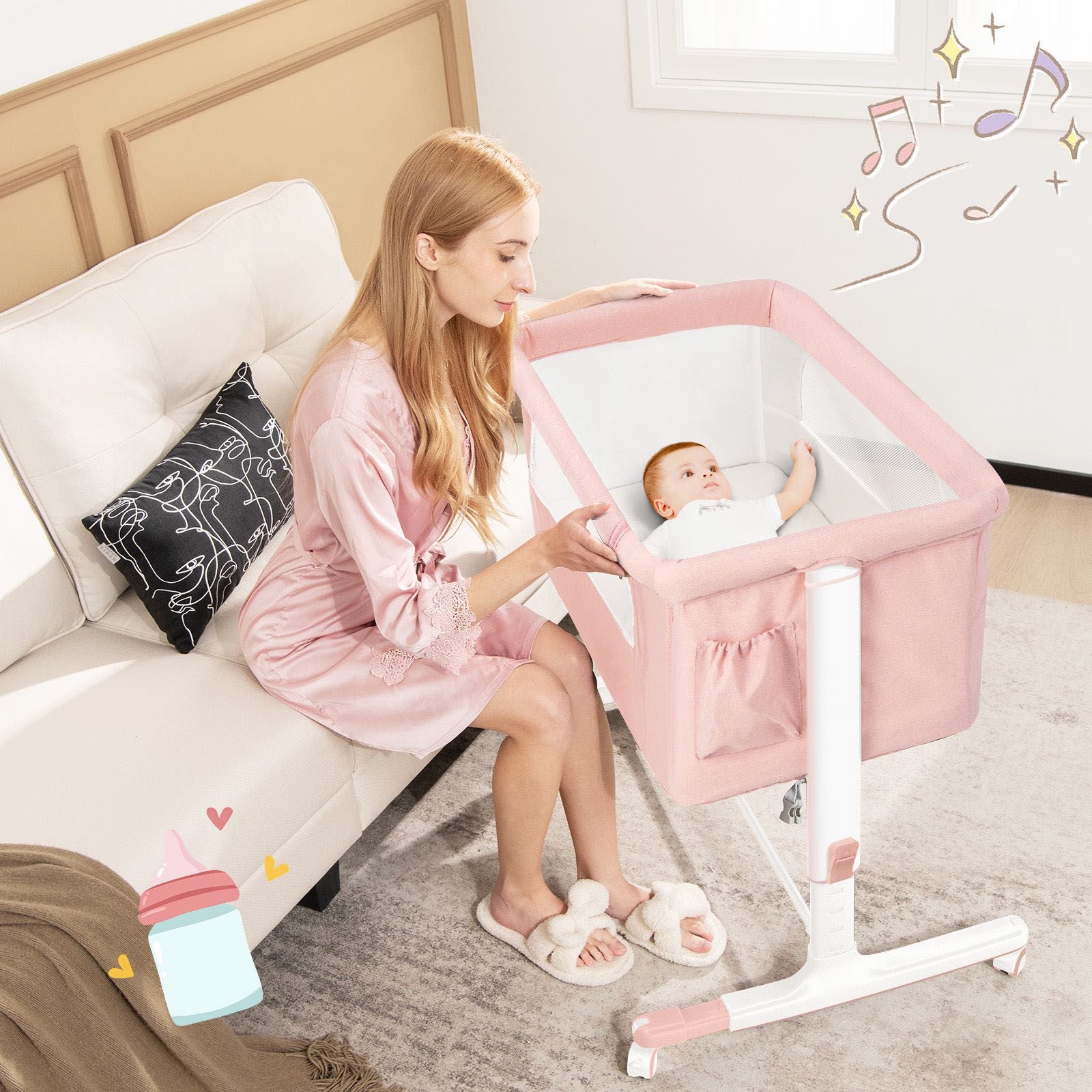 3-In-1 Adjustable Baby Bedside Bassinet with Mattress