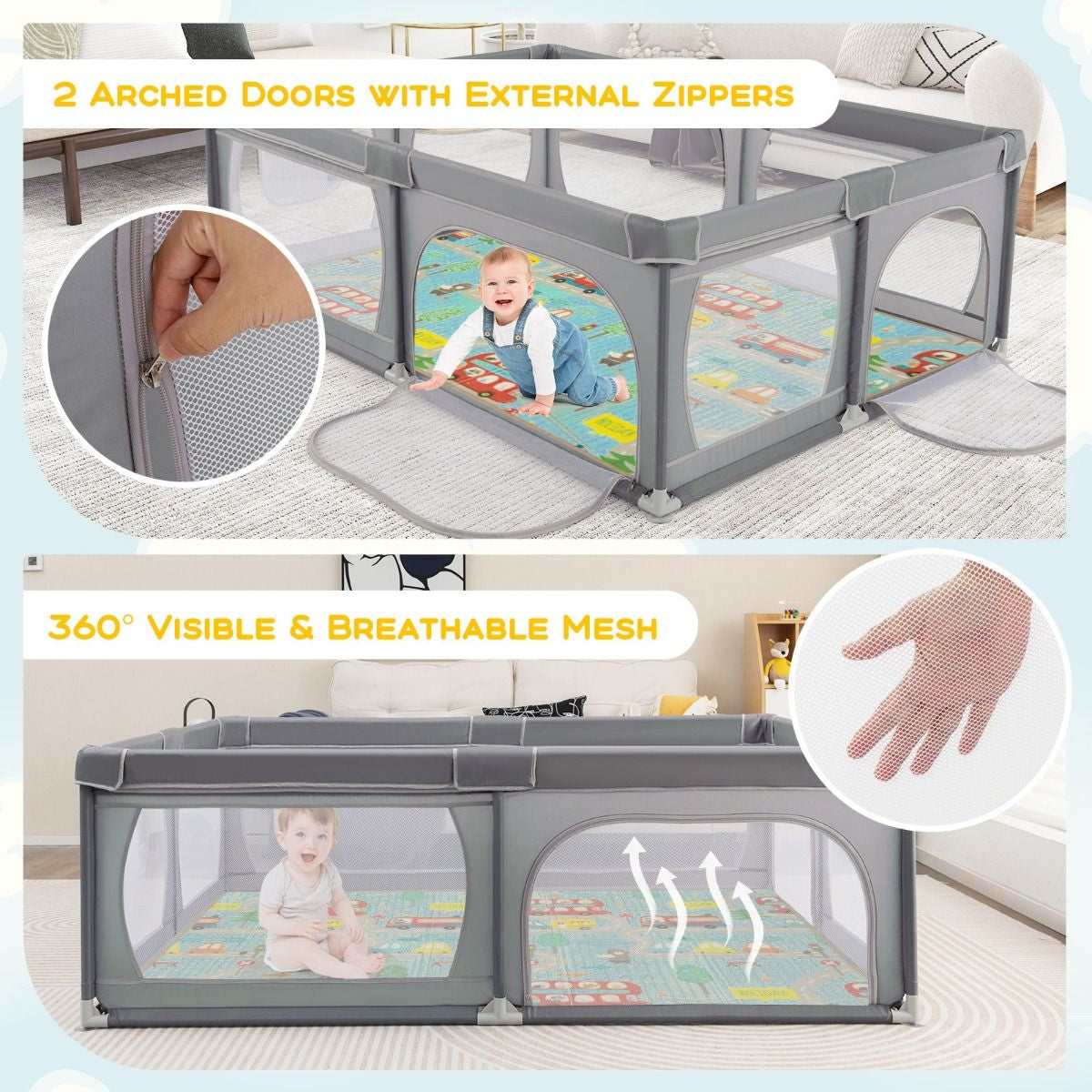 Baby Playpen with Mat and 4 Pull Rings