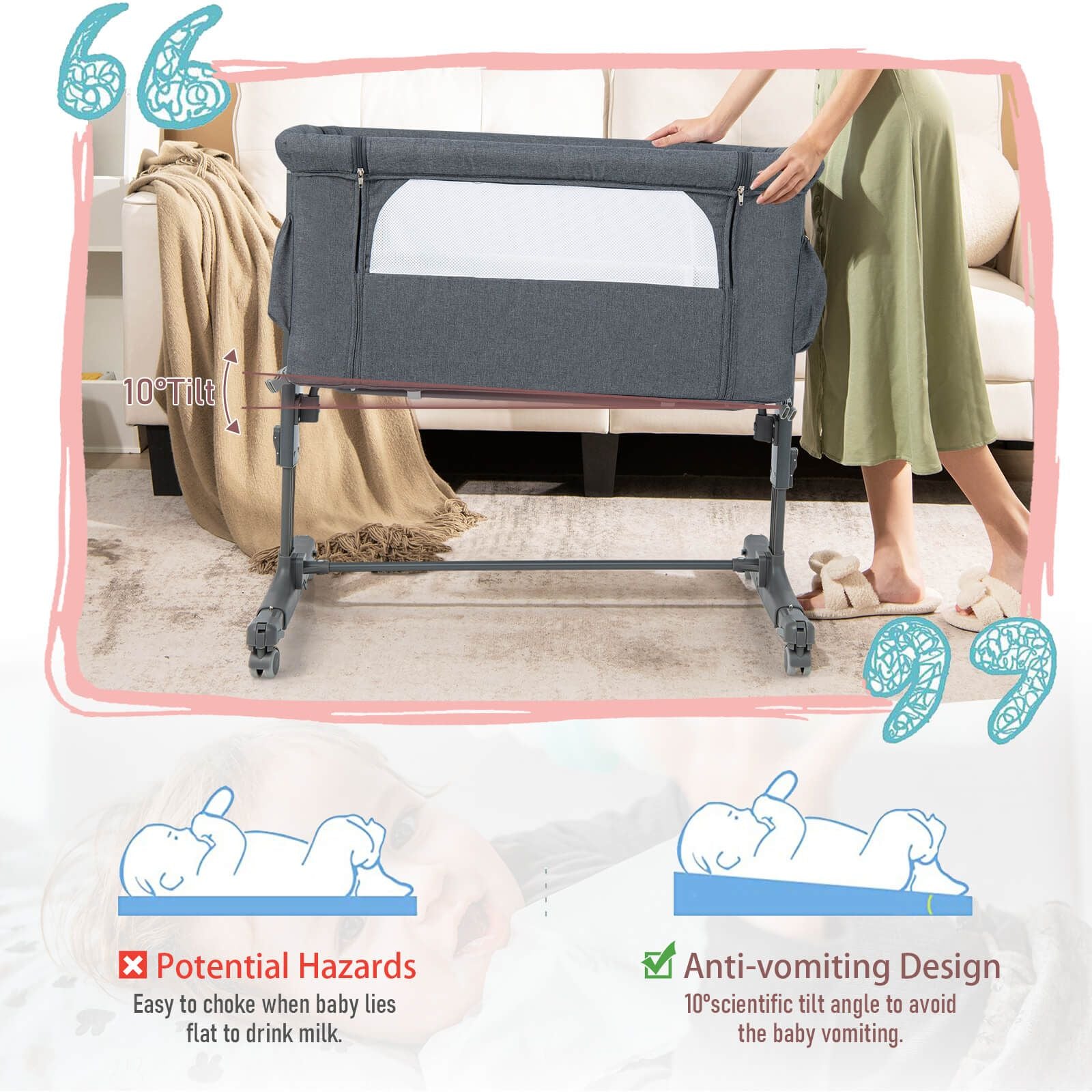3-In-1 Adjustable Baby Bedside Bassinet with Mattress