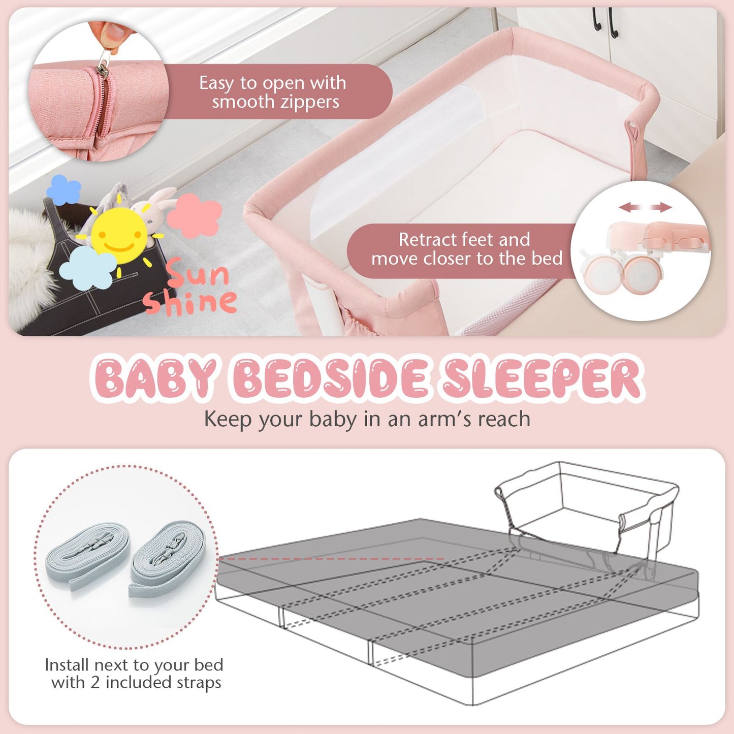 3-In-1 Adjustable Baby Bedside Bassinet with Mattress