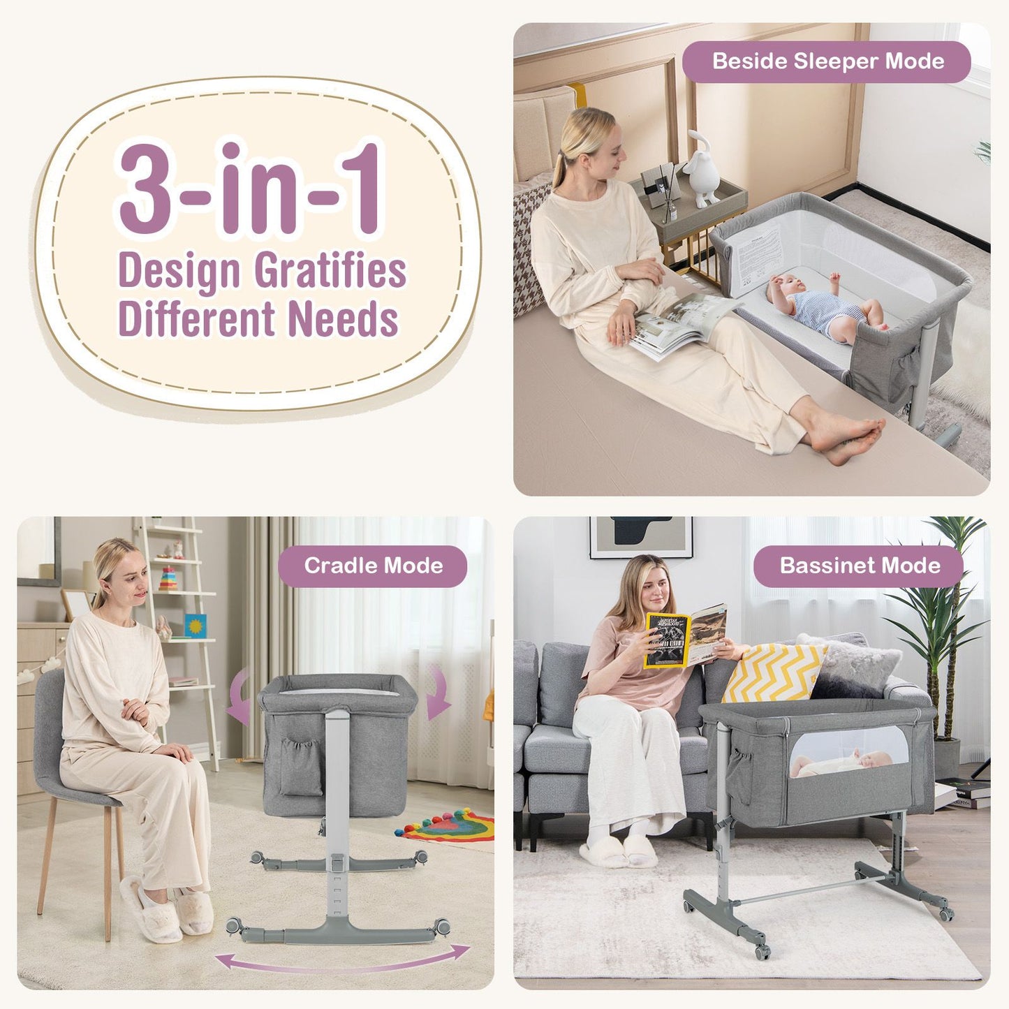 3-In-1 Adjustable Baby Bedside Bassinet with Mattress