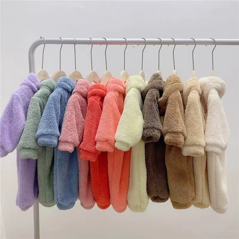 Autumn Baby Rompers Cute Bear Hooded Toddler Boys Rompers Warm Fleece Newborn Baby Clothes