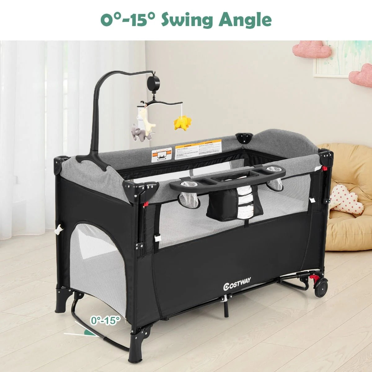 5-In-1 Baby Bassinet Bedside Sleeper with Diaper Changer and Hanging Toys