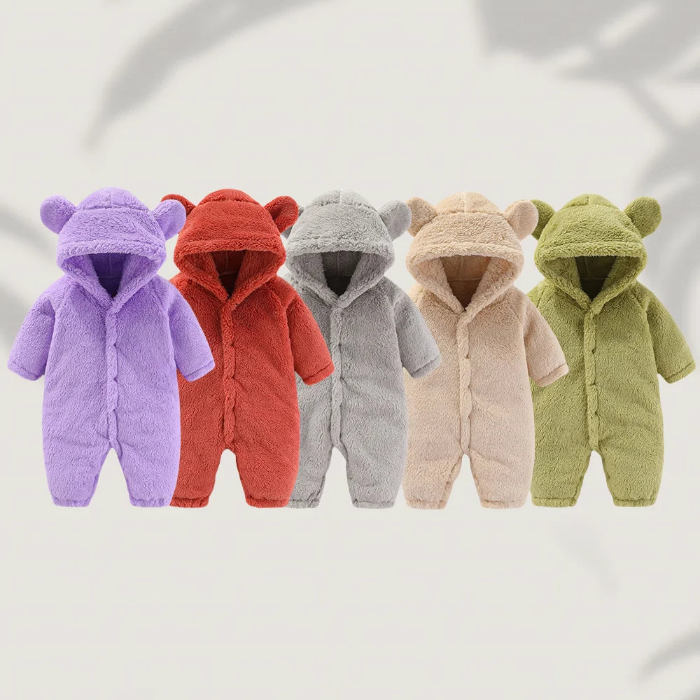 2025 Winter 0-12M Newborn Baby Girls Boys Warm Fleece Bear Ear Romper Jumpsuit Thick Cozy Multi-Color Infant Hooded Jumpsuit