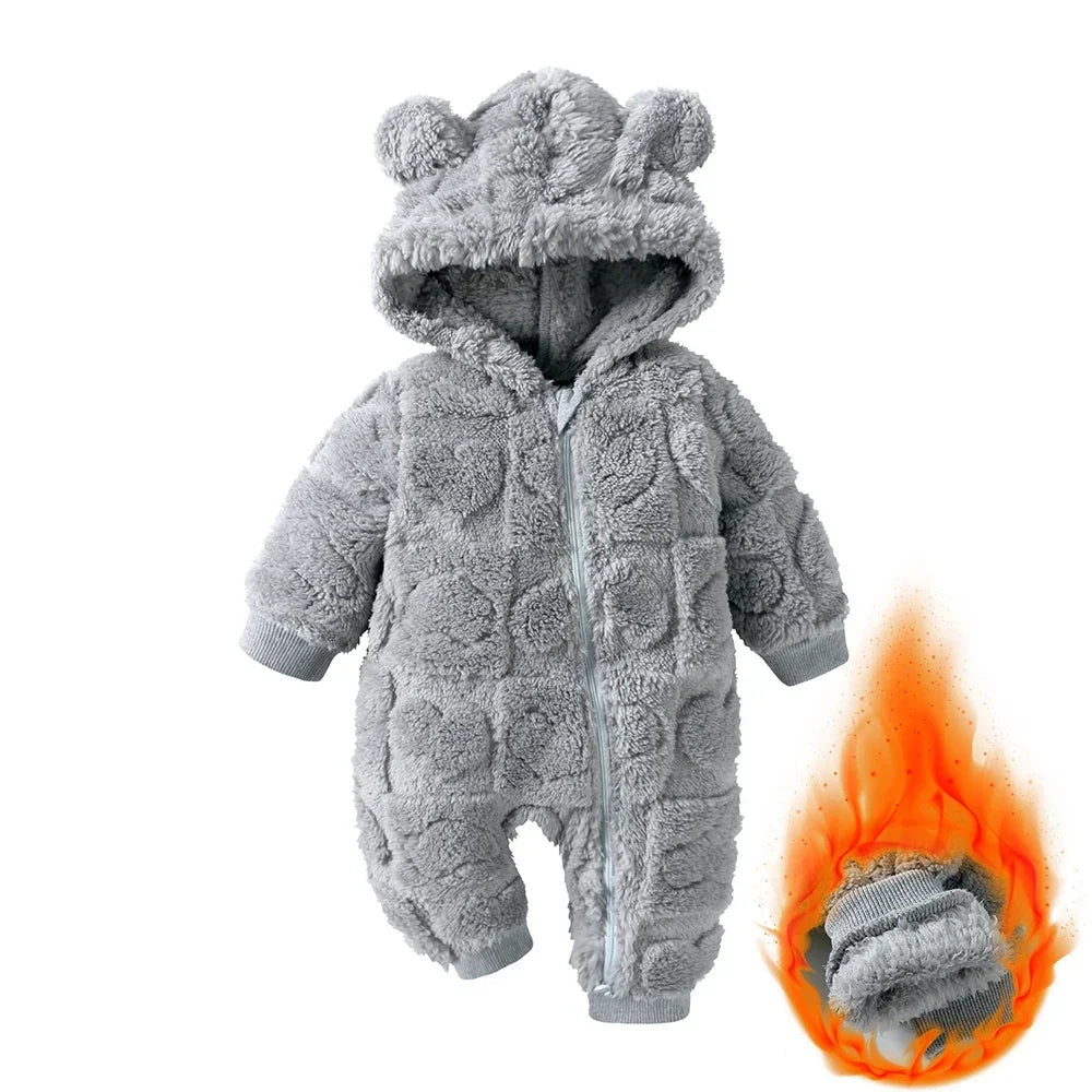 Baby Romper Winter Thicken Fleece Hooded Newborn Cute Bear Clothes Toddler Jumpsuits Zipper Infant Clothes Newborn Pyjamas