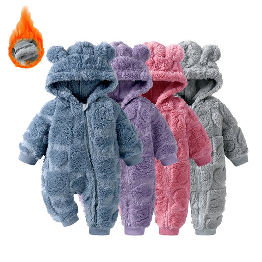 Baby Romper Winter Thicken Fleece Hooded Newborn Cute Bear Clothes Toddler Jumpsuits Zipper Infant Clothes Newborn Pyjamas