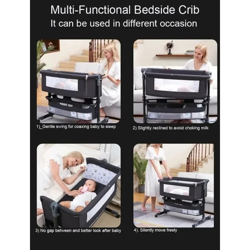 Portable Baby Crib Convertible Bassinet Multi-Functional Foldable Travel Bed with Wheels for Nursery Room Newborns Toddlers