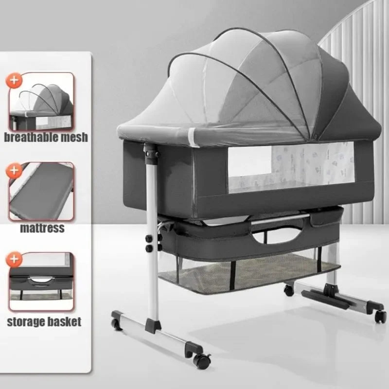 Portable Baby Crib Convertible Bassinet Multi-Functional Foldable Travel Bed with Wheels for Nursery Room Newborns Toddlers