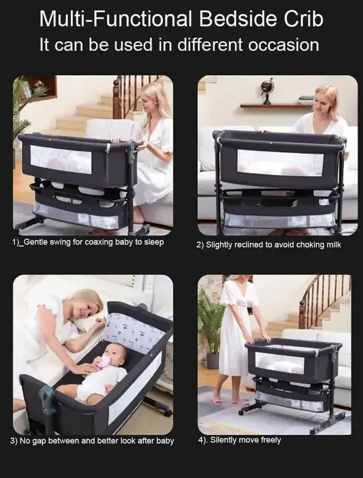 Portable Baby Crib Convertible Bassinet Multi-Functional Foldable Travel Bed with Wheels for Nursery Room Newborns Toddlers