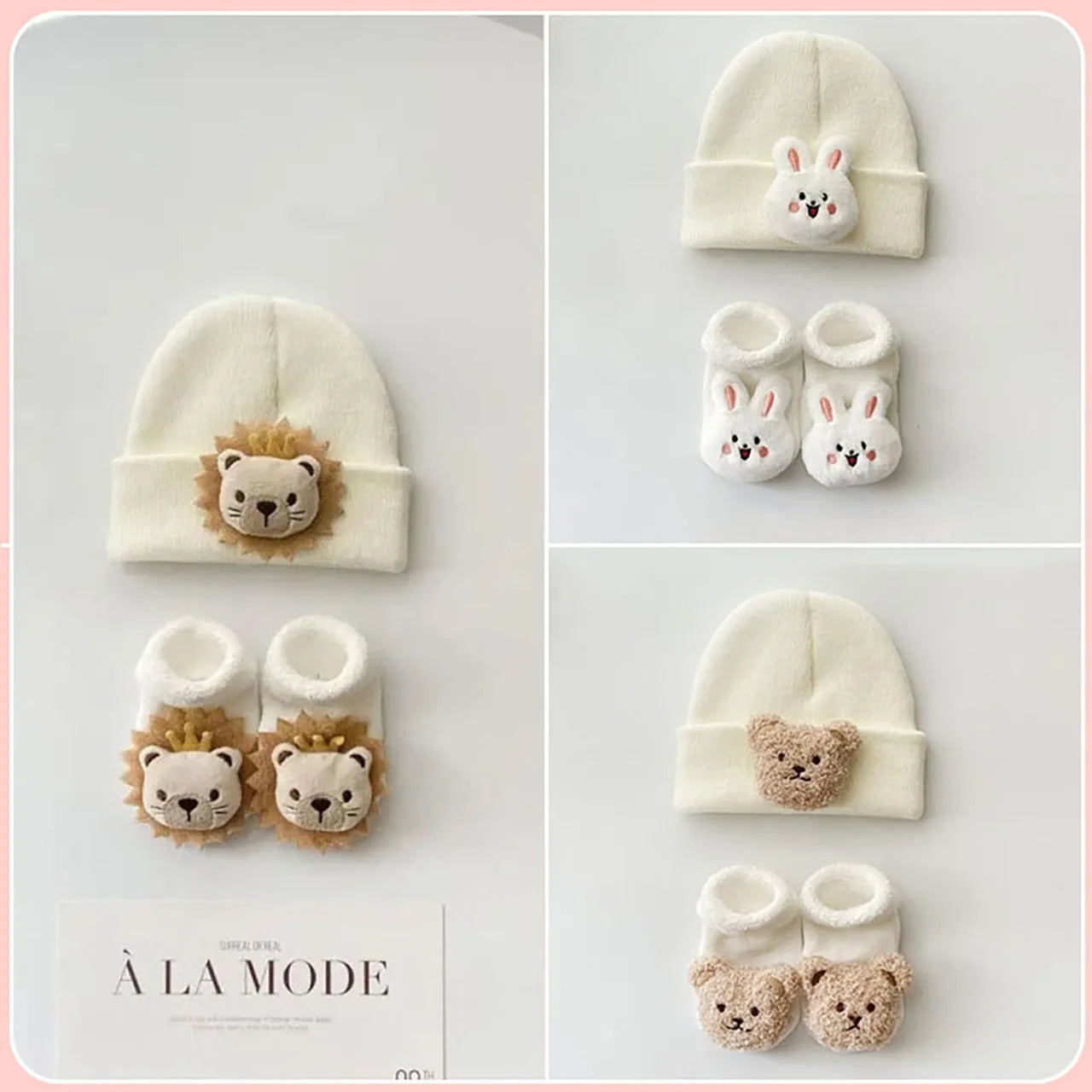 2PCS/Set Cartoon Baby Hat Socks Cute Animal Doll Boy Girl Winter Knitted Pullover Hats Woolen Warm Newborn Short Socks Beanies