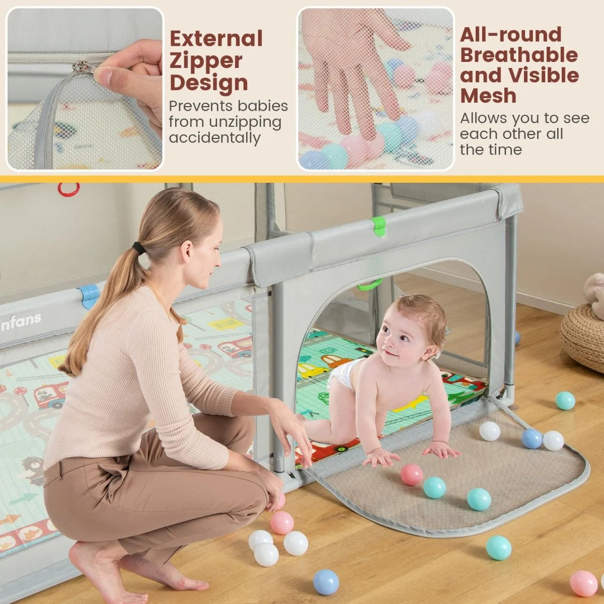 Large Baby Playpen with Mat with Basketball Hoop and Soccer Nets