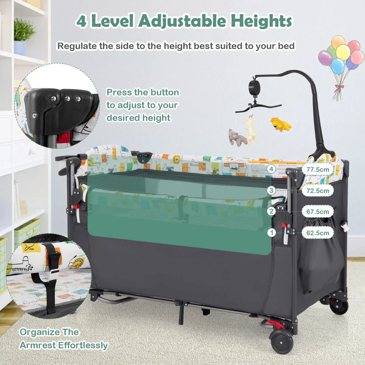 5-In-1 Baby Bassinet Bedside Sleeper with Diaper Changer and Hanging Toys