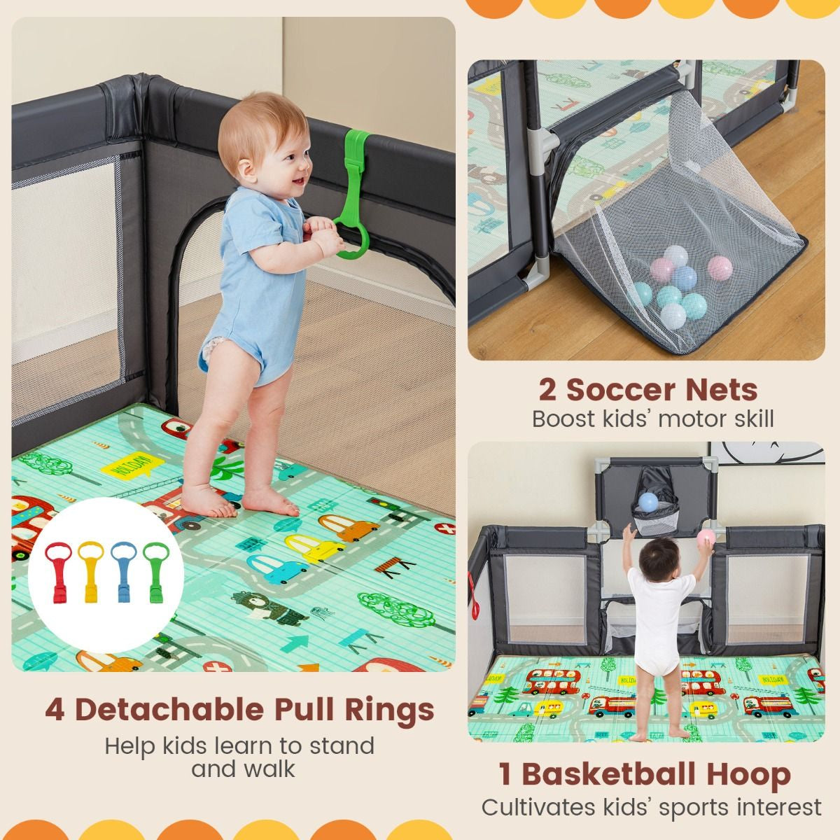 Large Baby Playpen with Mat with Basketball Hoop and Soccer Nets