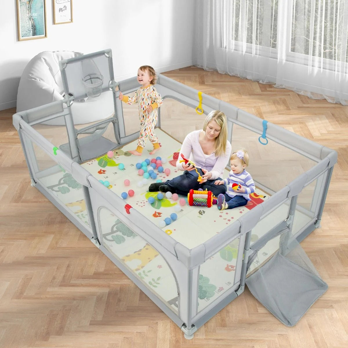Large Baby Playpen with Mat with Basketball Hoop and Soccer Nets