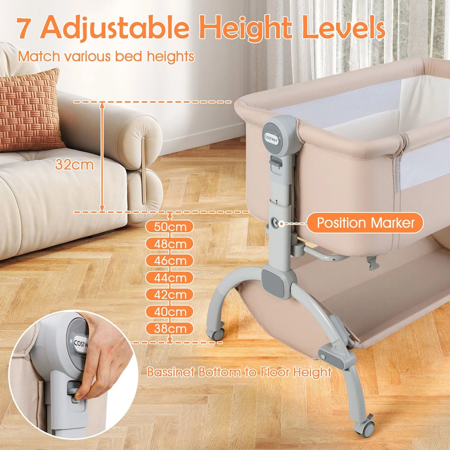 Baby Bassinet Bedside Sleeper with 7-Height Adjustment for Newborns