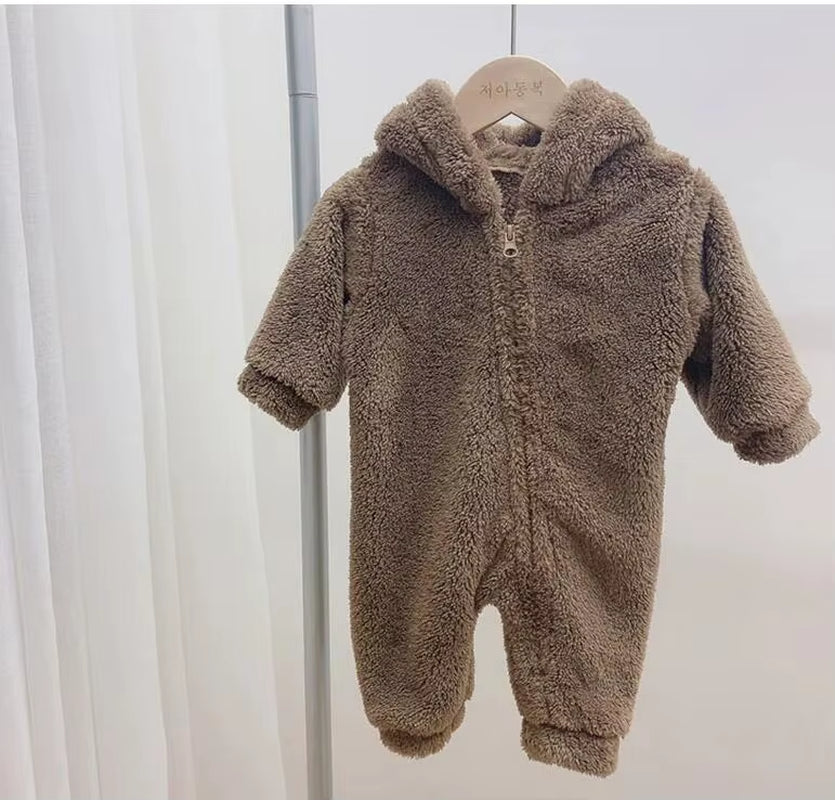 Autumn Baby Rompers Cute Bear Hooded Toddler Boys Rompers Warm Fleece Newborn Baby Clothes