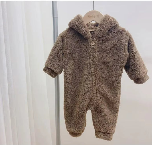 Autumn Baby Rompers Cute Bear Hooded Toddler Boys Rompers Warm Fleece Newborn Baby Clothes