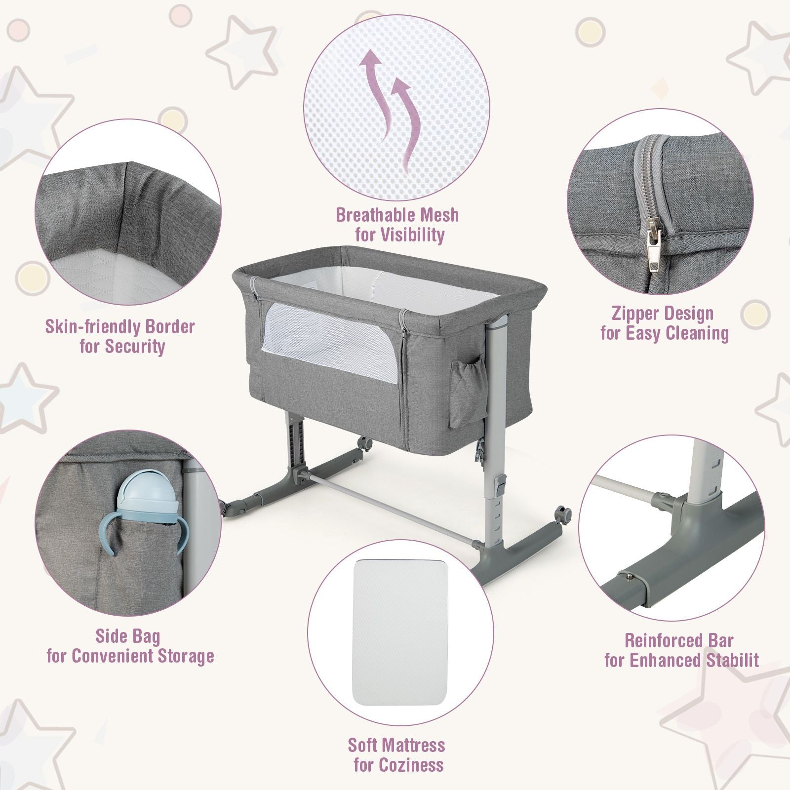 3-In-1 Adjustable Baby Bedside Bassinet with Mattress