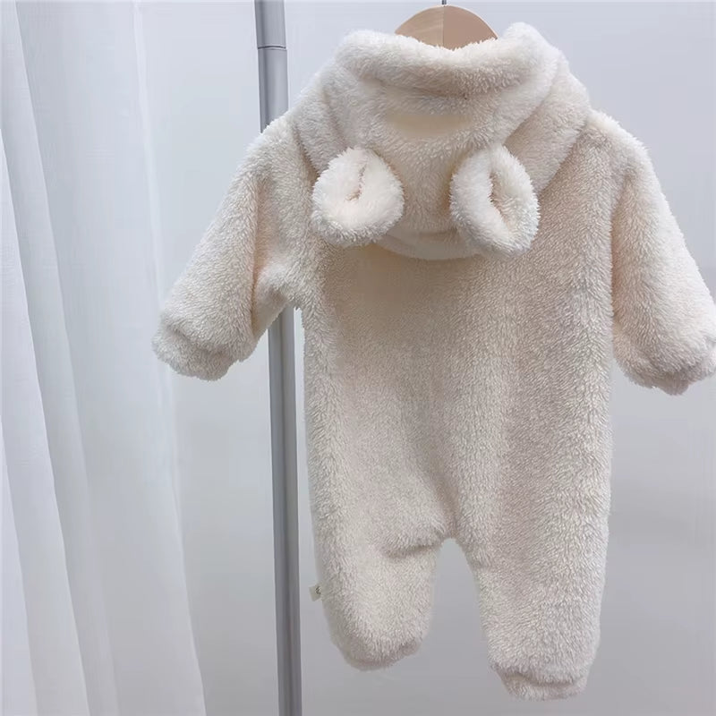 Autumn Baby Rompers Cute Bear Hooded Toddler Boys Rompers Warm Fleece Newborn Baby Clothes