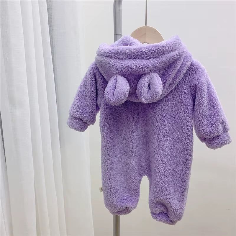 Autumn Baby Rompers Cute Bear Hooded Toddler Boys Rompers Warm Fleece Newborn Baby Clothes