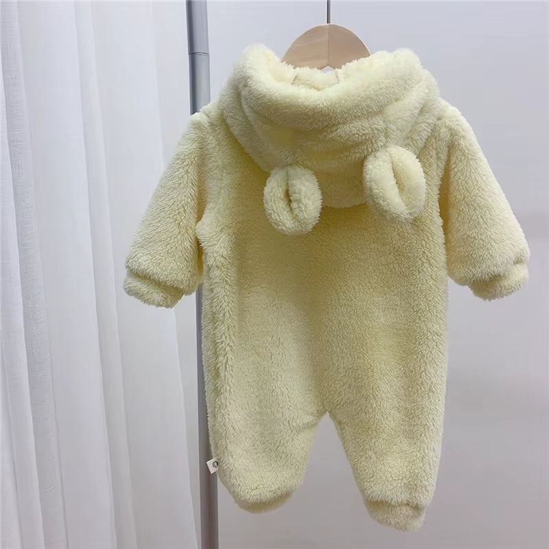 Autumn Baby Rompers Cute Bear Hooded Toddler Boys Rompers Warm Fleece Newborn Baby Clothes