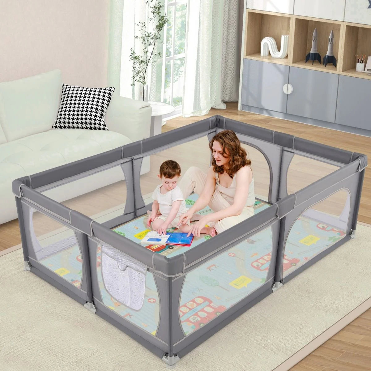 Baby Playpen with Mat and 4 Pull Rings