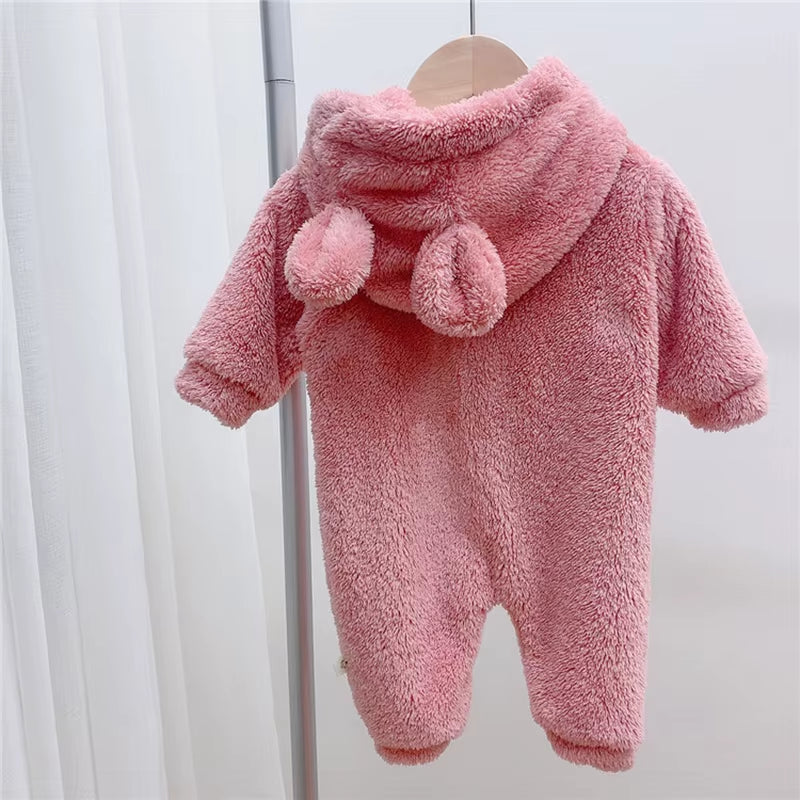 Autumn Baby Rompers Cute Bear Hooded Toddler Boys Rompers Warm Fleece Newborn Baby Clothes