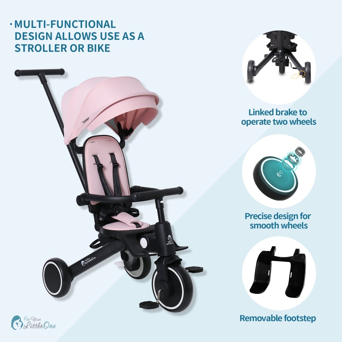 Foryourlittleone Xplor Plus 6 in 1 Foldable Trike - Pastel Pink (10m-5y)-2